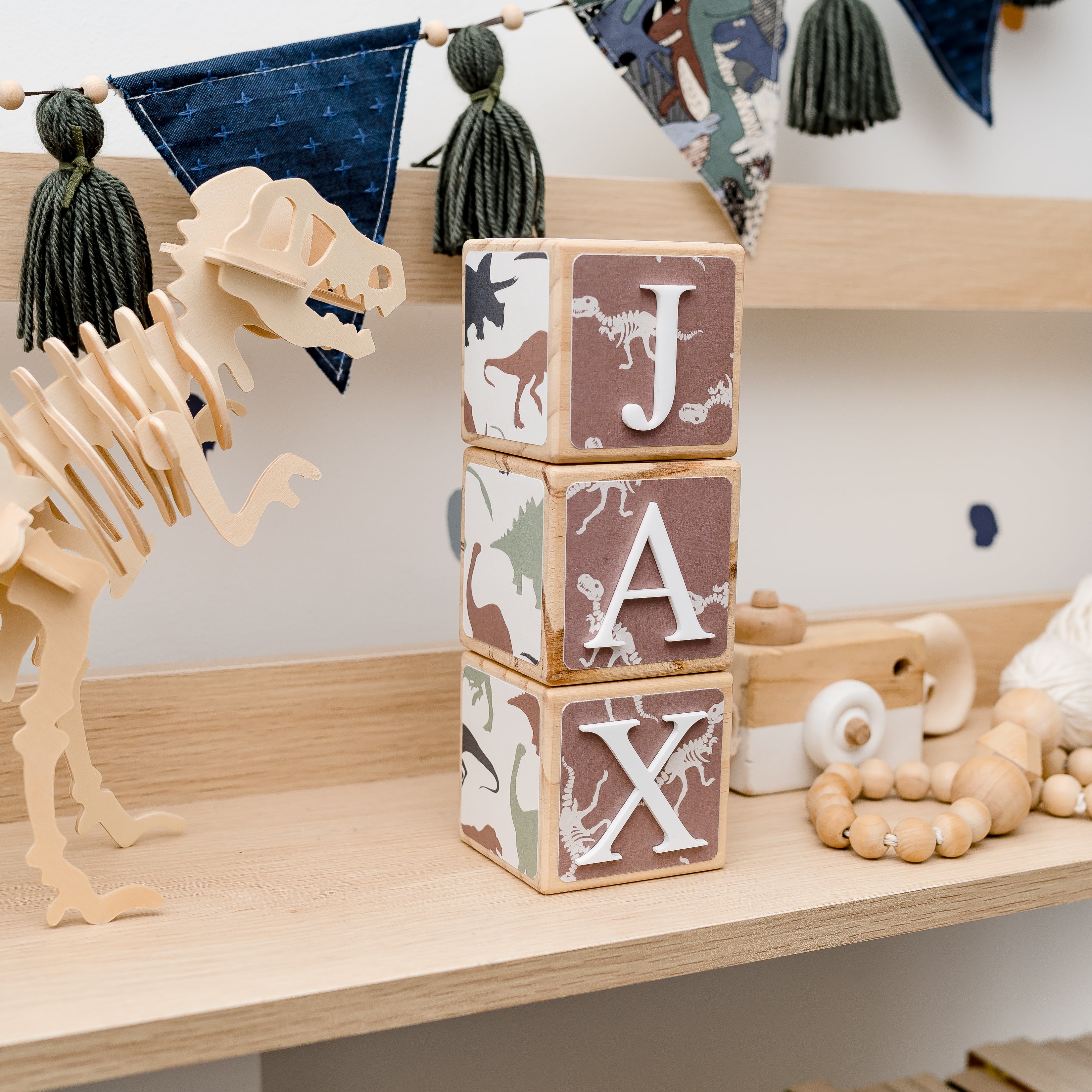 DINOSAUR DIG - Personalised Wooden Name Blocks - Little Block Barn